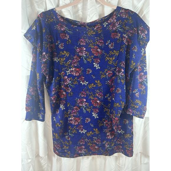 Free People Dock Street Ruffle Top Sz S Blue Combo Keyhole Back 3/4 Slv Stretchy - Picture 2 of 6